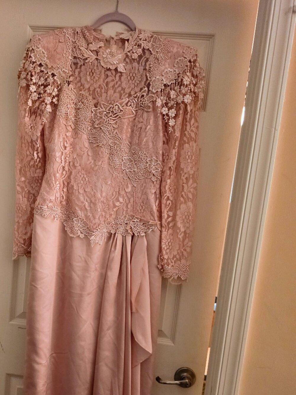 Vintage 80s Lorrie Kabala Blush Pink Victorian Lace Satin Maxi Gown